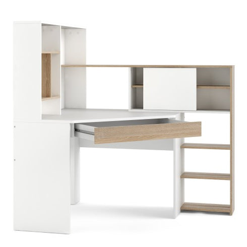 Function Plus Corner Desk with multi-functional unit In White and Oak
